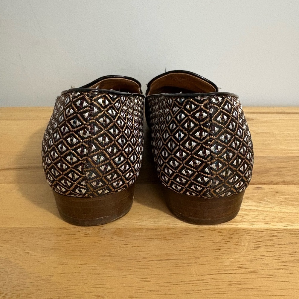 J. Crew Jacquard Tassel Loafers Black Gold Geometric Pattern Size 9 Old Money - Picture 4 of 12